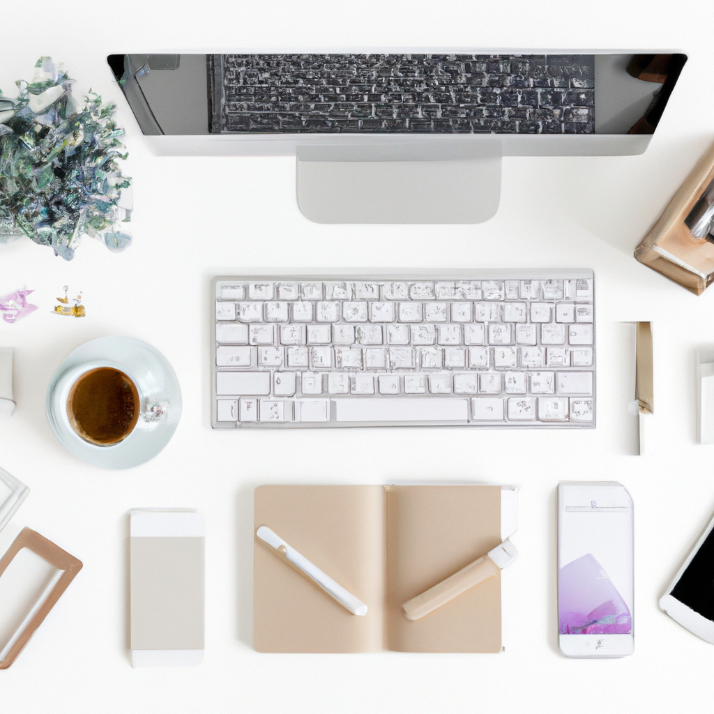 Creative graphic design workspace with color swatches, typography samples and a laptop showing course catalog